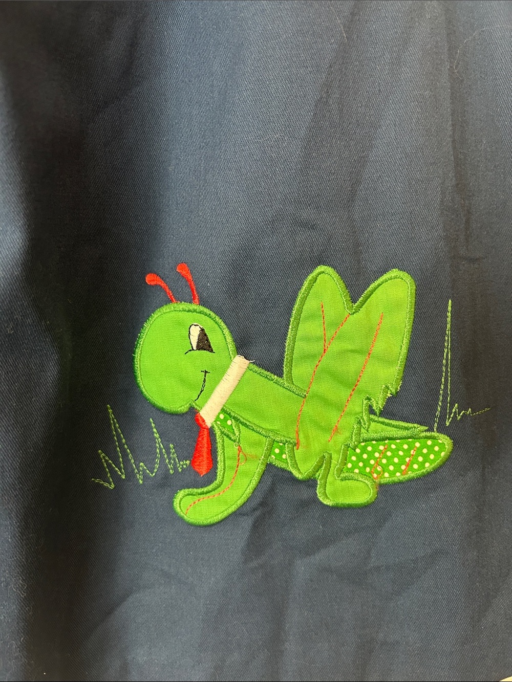 Vintage Navy A-Line Midi Skirt with Green Grasshopper Applique - Picture 3 of 6